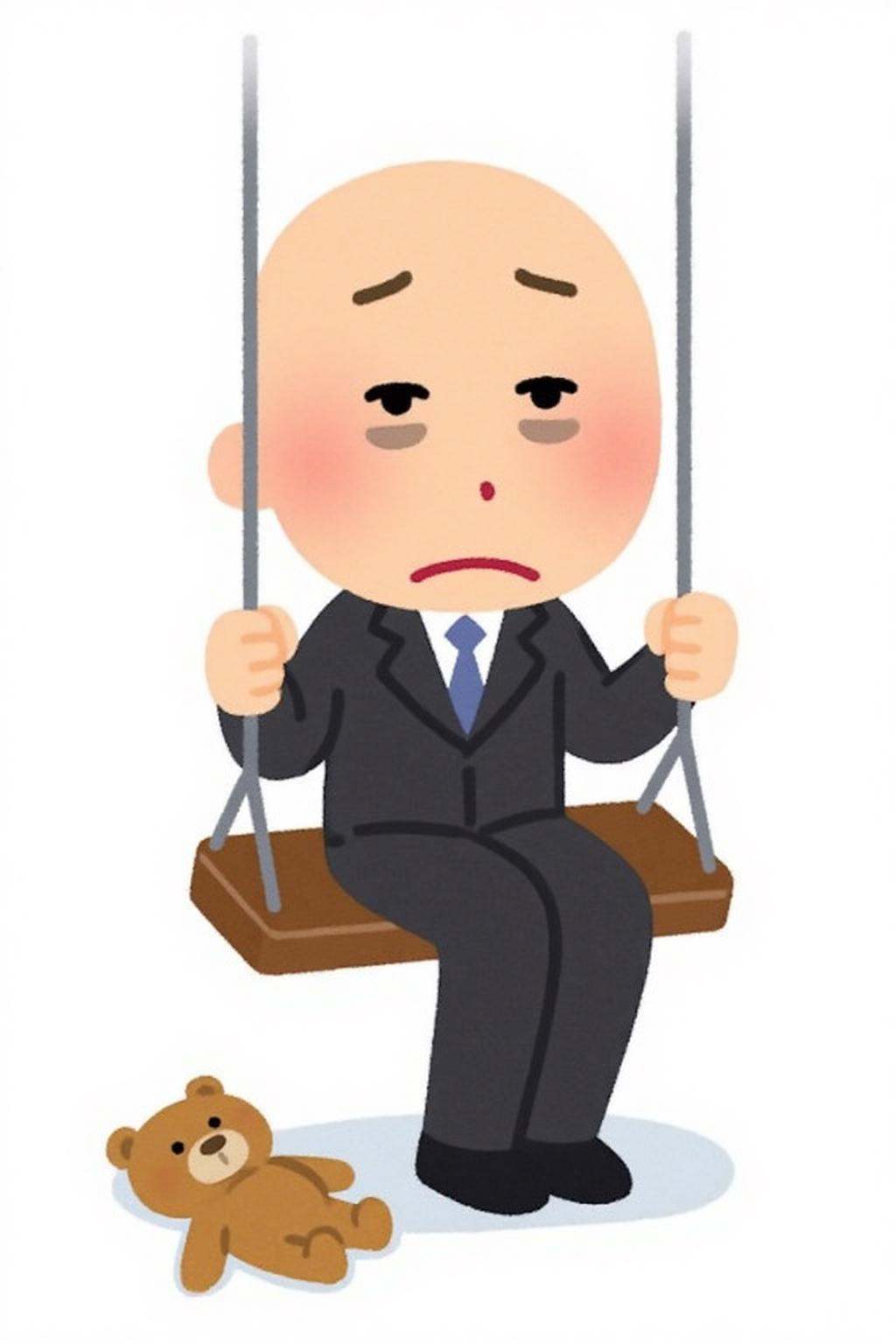 irasutoya1 illustration. A sad,  bald man with droopy,  tired eyes. sitting on a wooden swing. He is holding the swing's c...