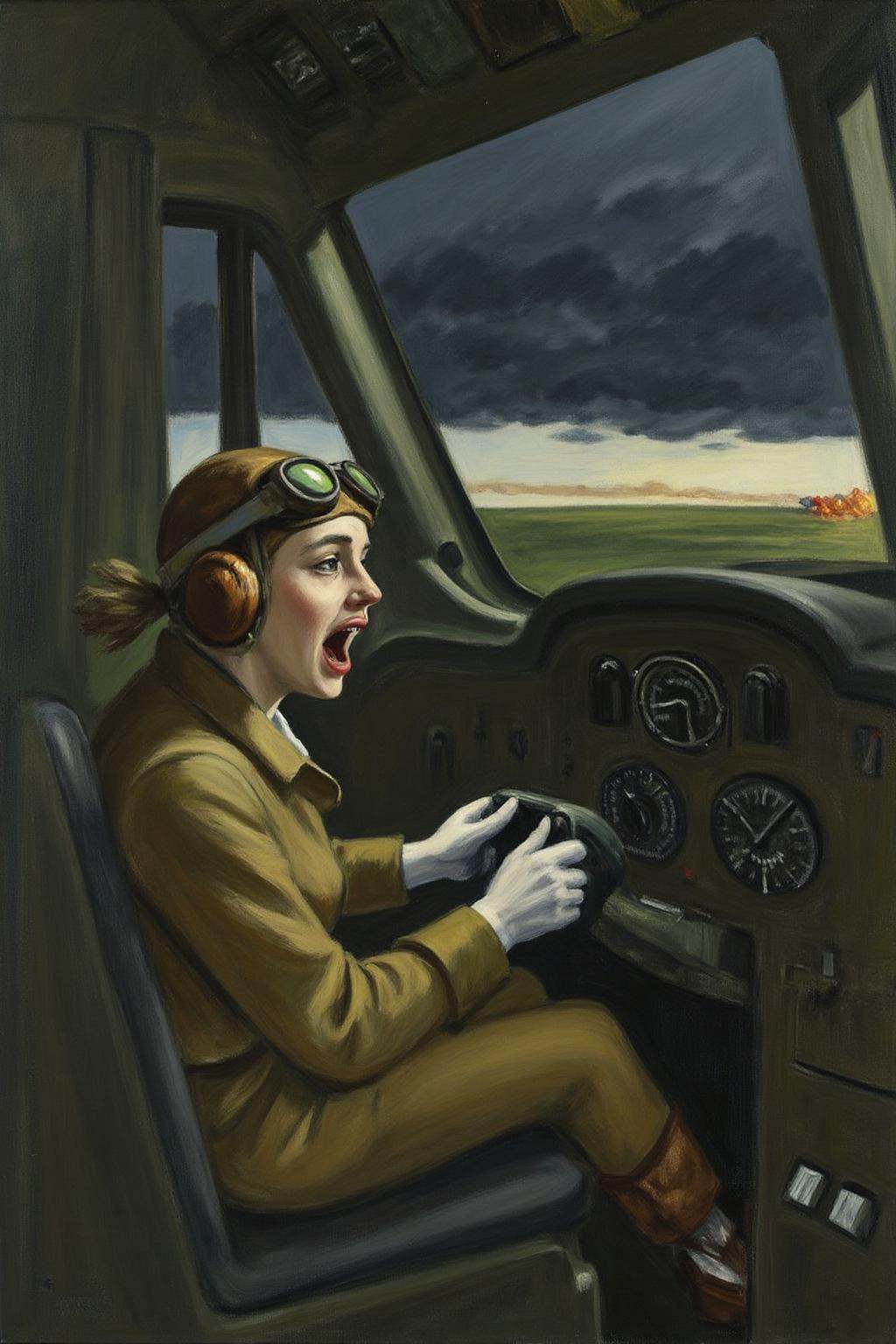 edwardhopper1 painting. A female pilot screaming inside the cockpit of a World War II bomber. The pilot,  wearing a vintag...
