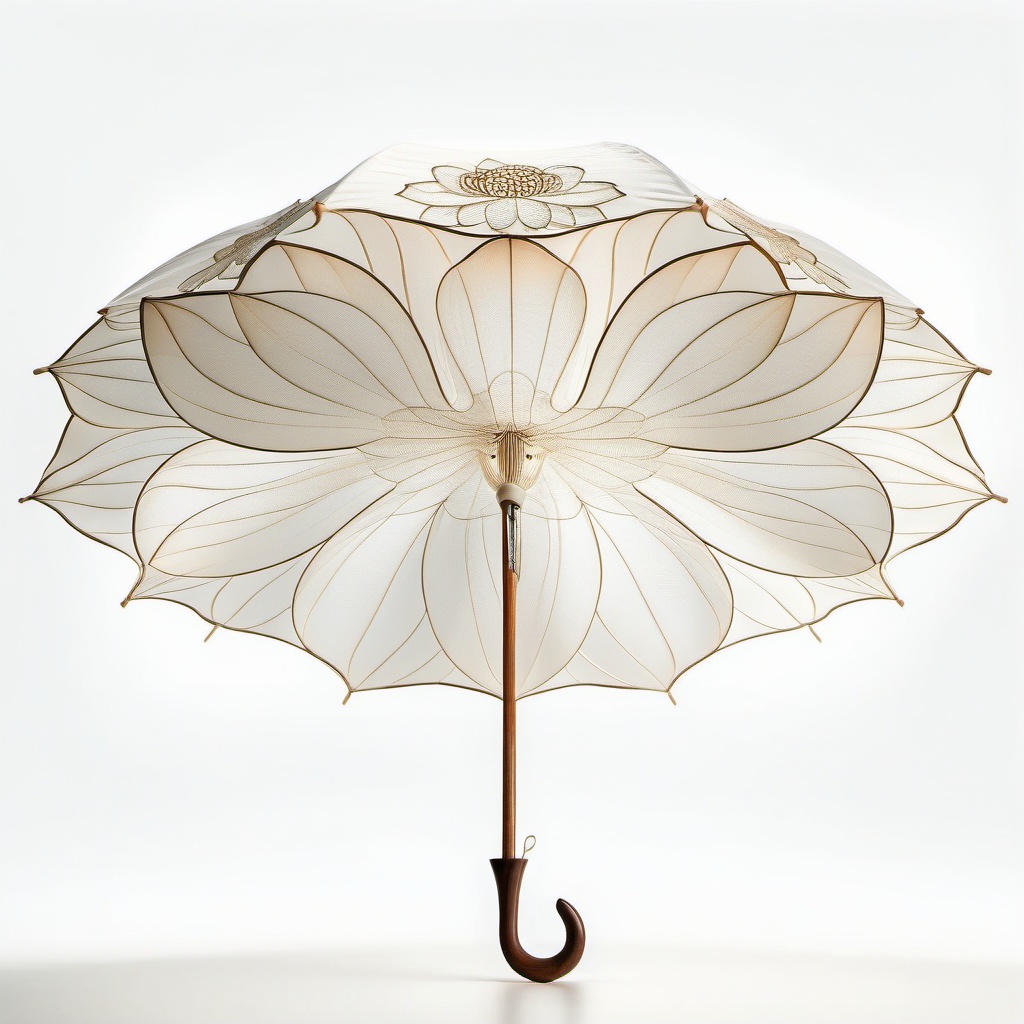 san, umbrella,A fancy, see-through parasol flaunts a delicate flower pattern with a central stem, showcasing detailed petals and leaves. The parasol's handle is a classy wooden curve. The background is a plain, light gradient, making the parasol's intricate design pop.,<lora:sanv1:0.8>