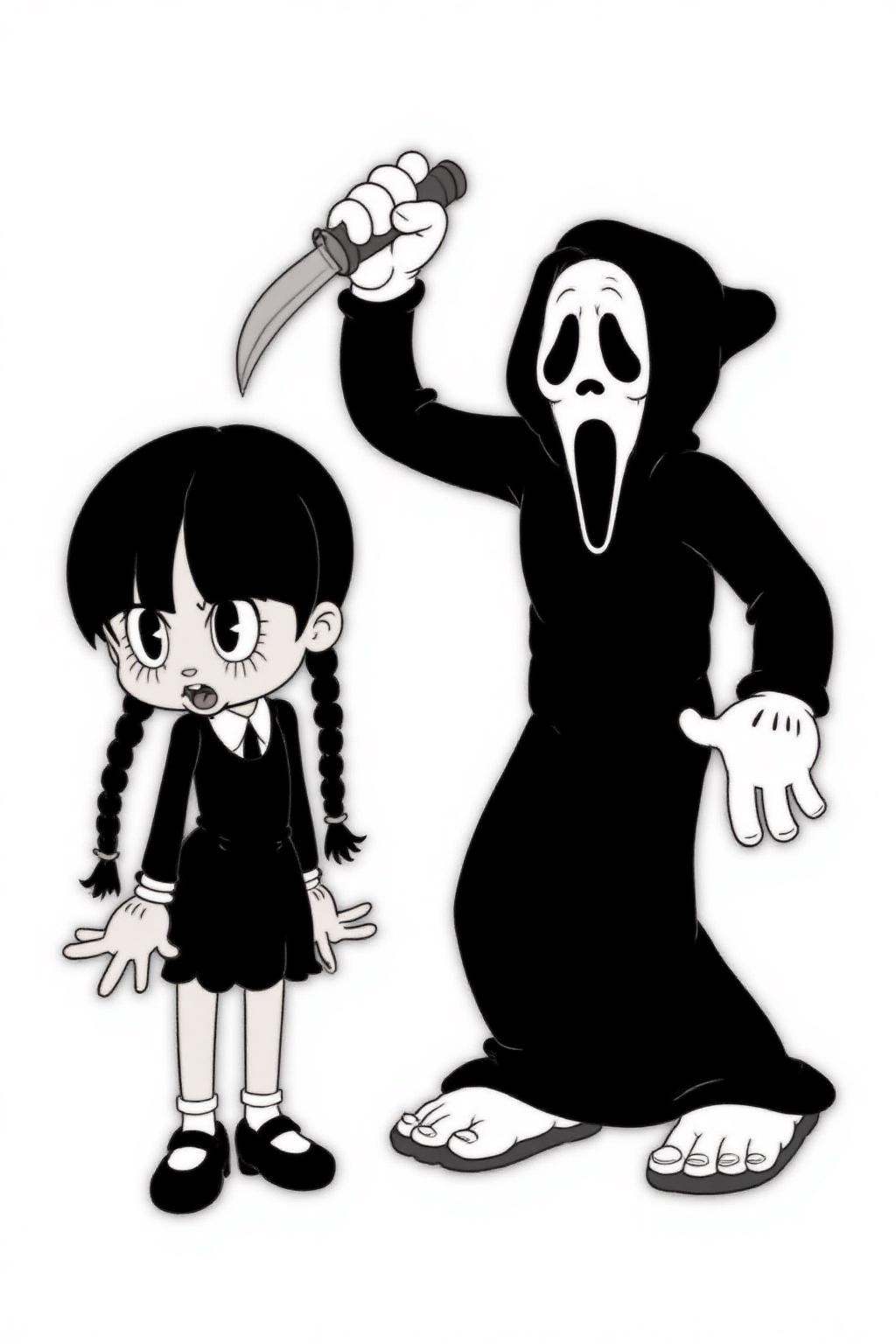 rubber hose animation style.Monochrome image of two characters.On the left stands Wednesday Addams,  a young girl with lon...