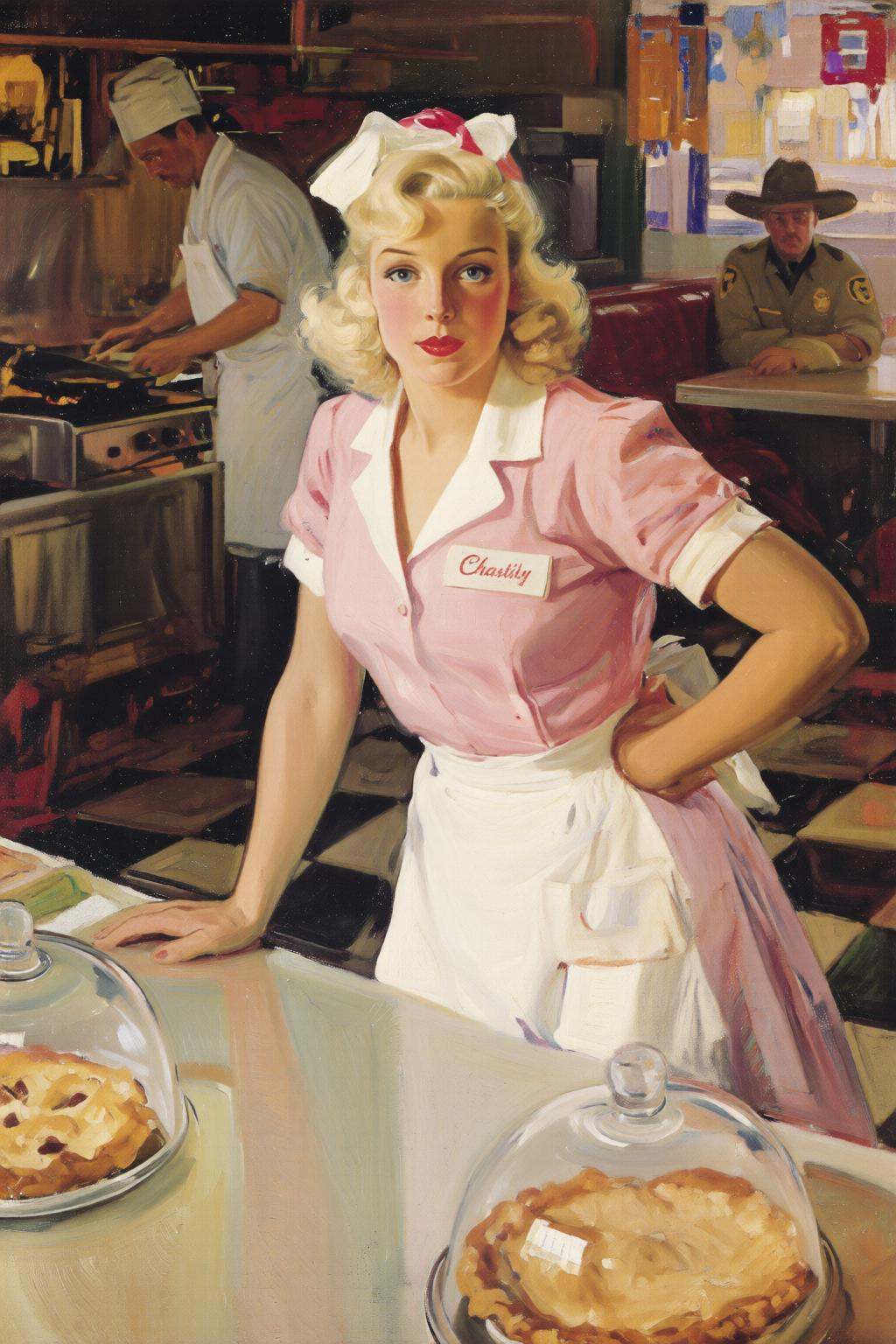 joaquinsorolla3q painting.Silmas. A waitress named "Chastity" standing behind the formica counter of a sun-drenched,  clas...