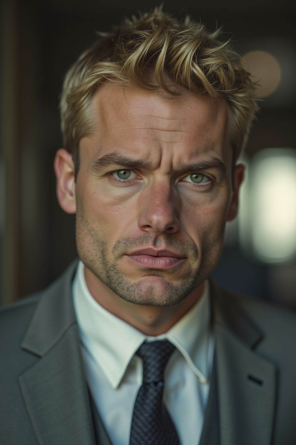 HDR photo of cinematic film still,  This is a photo of a man with short blond hair. He is wearing a gray suit,  with his m...