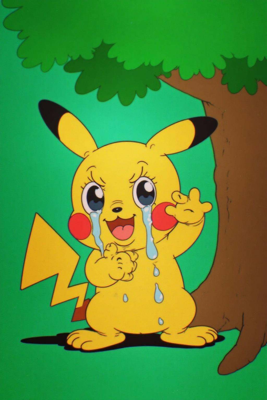 rubber hose animation style.Pikachu crying,  large tear drops on his face,  under a green tree on Tensor.Art