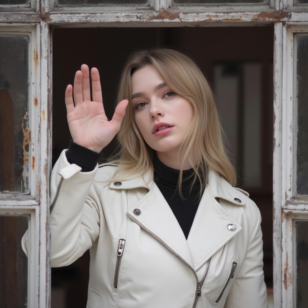A portrait of dasha_taran standing behind a weathered window frame. She wears a white leather jacket with zippers and a bl...