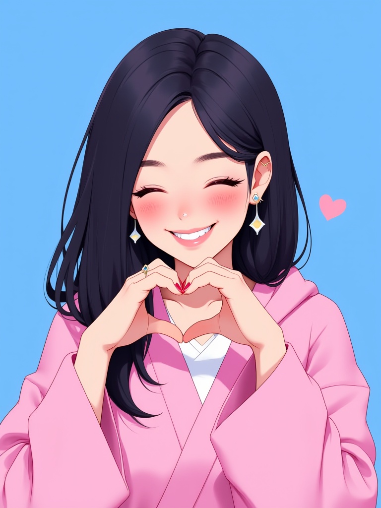 niji style,  a woman with long dark hair and a smile on her face. She is wearing a pink kimono with a hoodie over it. Her...