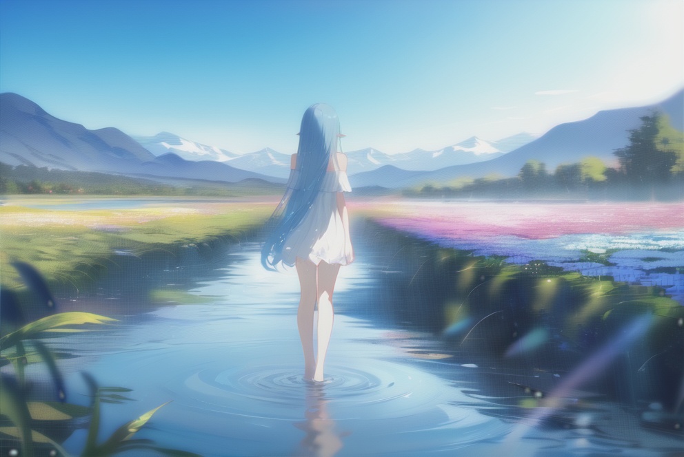 (masterpiece),(best quality),illustration,ultra detailed,hdr,depth of field,(colorful),[artist:wlop],[[artist:sheya]],artist:hiten_(hitenkei),absurdres,4K,extreme detail,panorama,high viewing angle,flower sea plain,colorful flower sea,breeze,a clear stream,shallow stream,mountains in the distance,blue sky shining on the water,rich environmental detailsA girl,blue hair,straight long hair,blue eyes,clear and bright eyes,slender figure,elf earsWearing a white simple dress,off the shoulder,bare_legs,barefoot,Walking in streams,treading water,head_down,light movements,