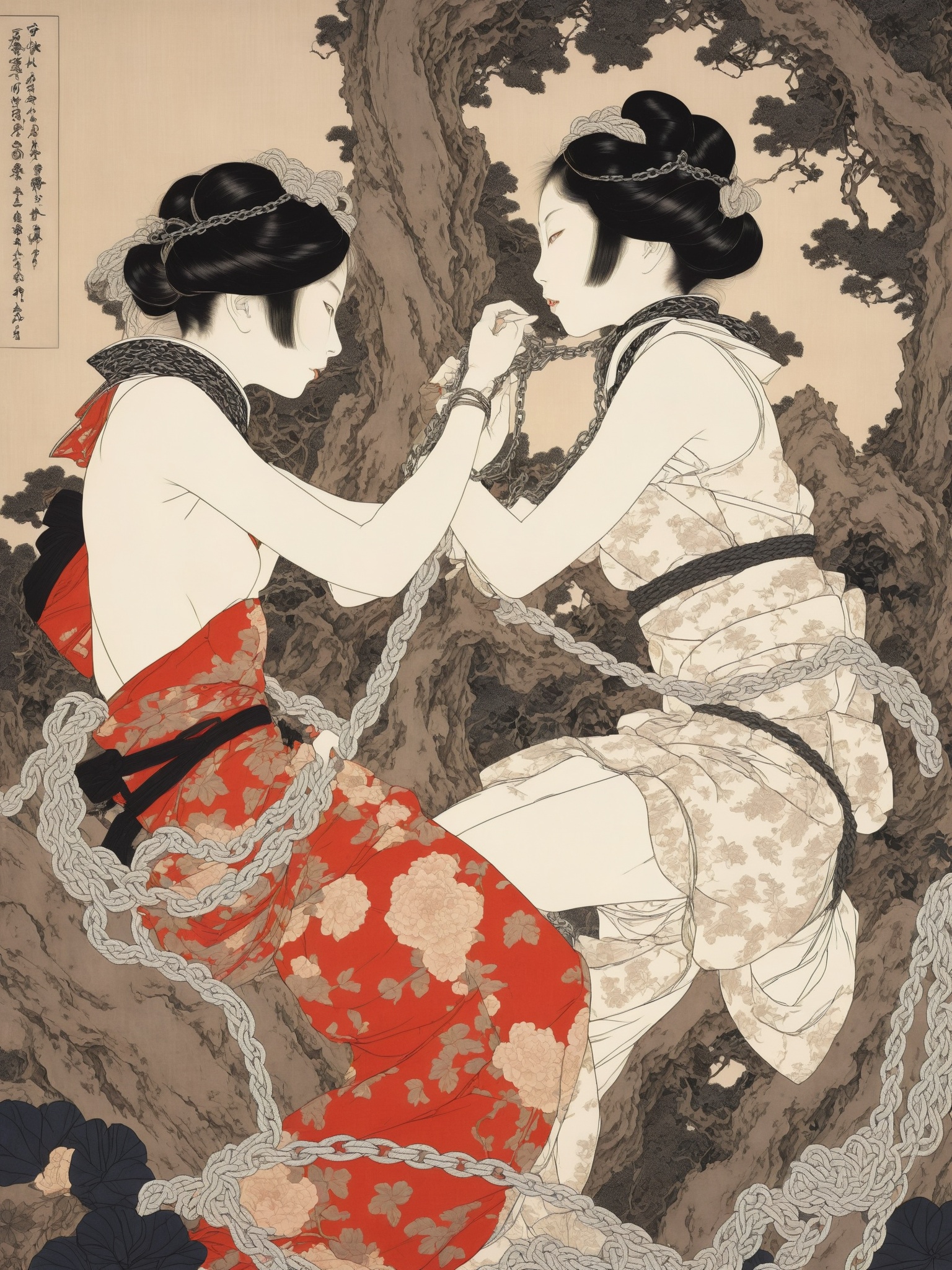 japanese line art ,  two school girls in a garden tying each other up with chains and rope,  knots on Tensor.Art