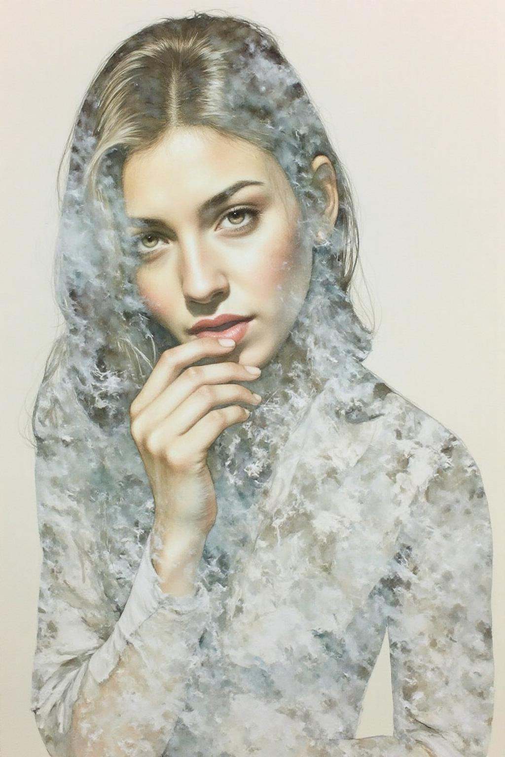 Portrait painting. A woman looking directly at the viewer,  with her hand gently touching her mouth. Her hair and clothing...
