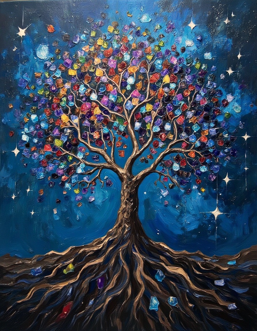 A dibrshstrk style painting,  ,  A tree whose leaves are made of tiny galaxies on Tensor.Art