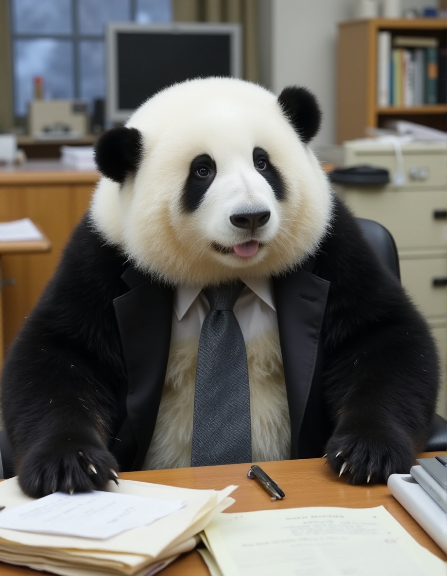 This high-resolution photograph captures a **** panda,  with her distinctive black and white fur,  sitting at an office de...