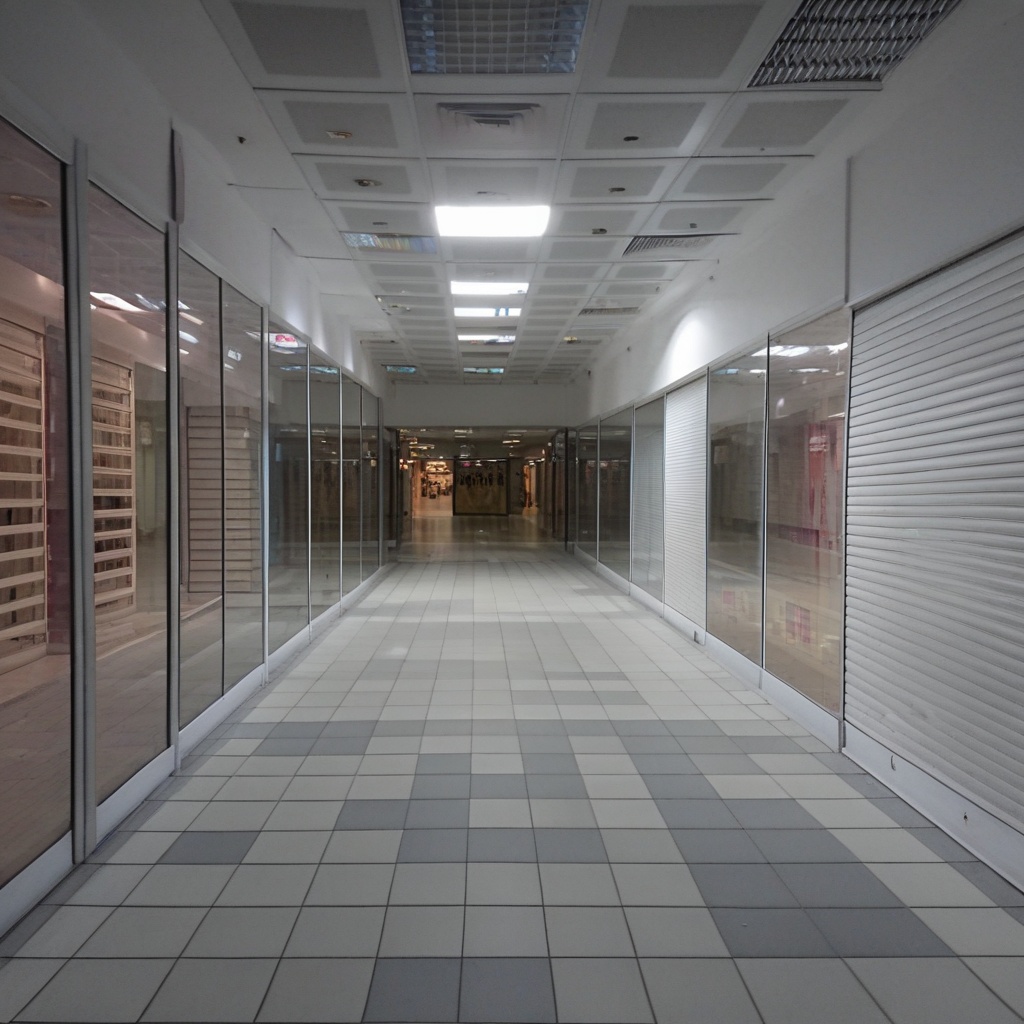 empty mall,  photograph,  long empty hallway with glass panes and closed store front shutters on the side on Tensor.Art