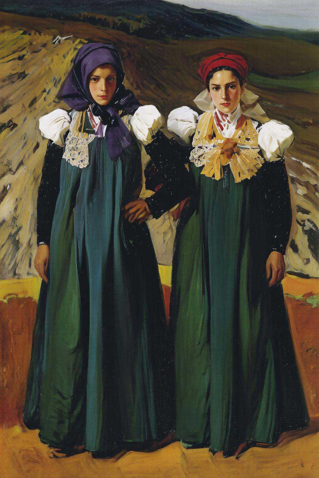 joaquinsorolla3q painting.Full body portrait of two Spanish women dressed in traditional attire stand side by side. They w...