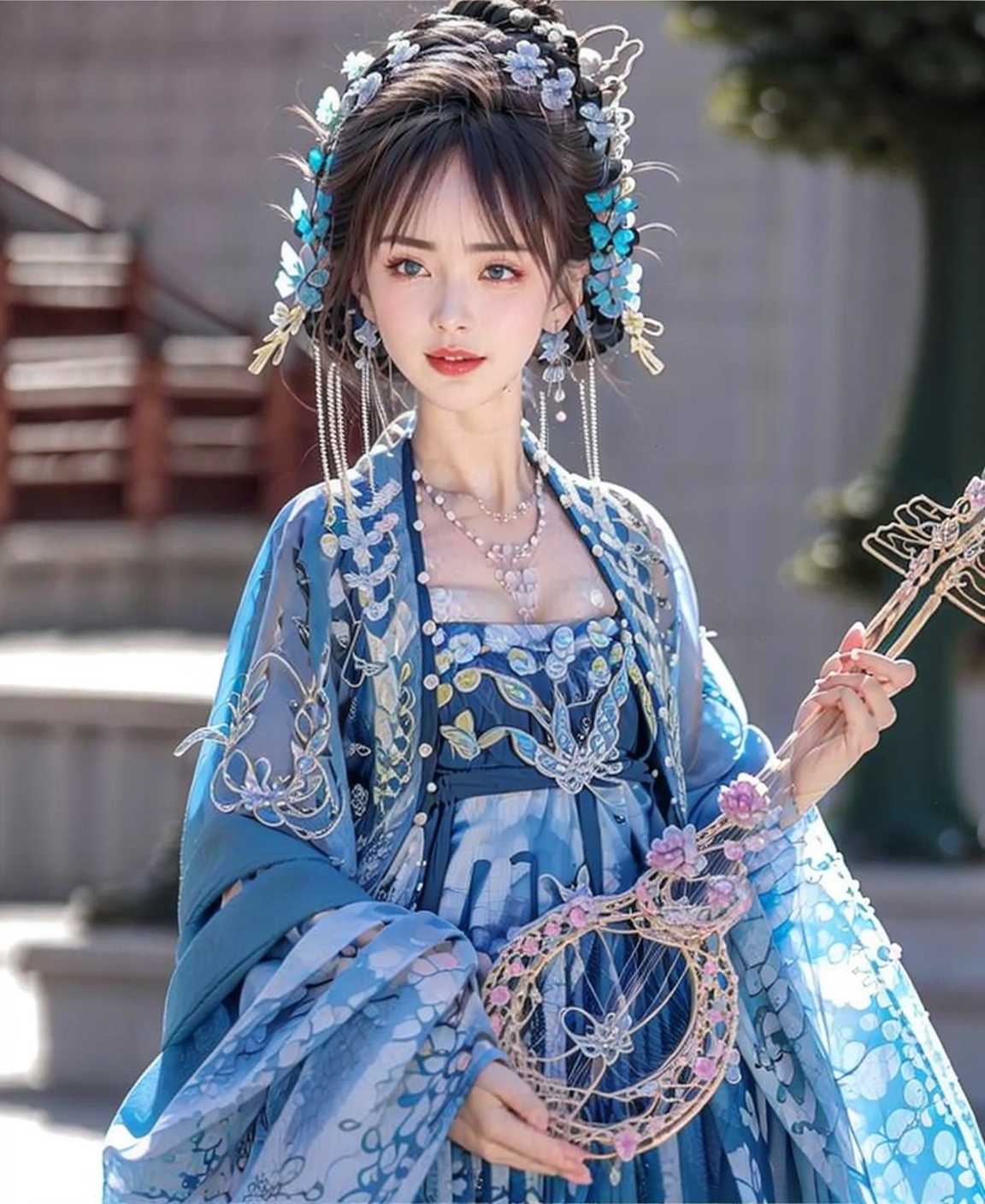 1girl, ,,Diamond Earrings , see-through,headwear , floral_print, embroidery, solo, , with heavy makeup，red lips，Moisturizing red lips，Blue Dress，Hanfu，Hairstyle bangs，pipa，string，eye makeup，medium - Breast，solo，chest，cleavage，Look at me   <lora:蓝色汉服1.6:1>