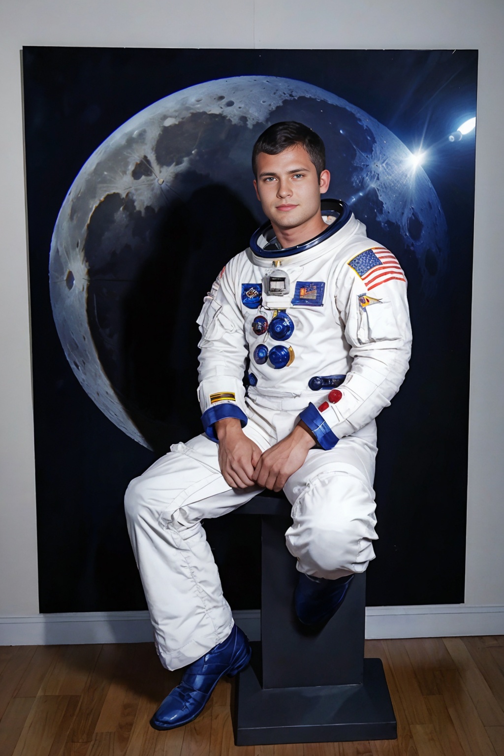 image of moon on the wall,  standing next to a black pedestal,  model of Moon rover sitting on pedestal on Tensor.Art