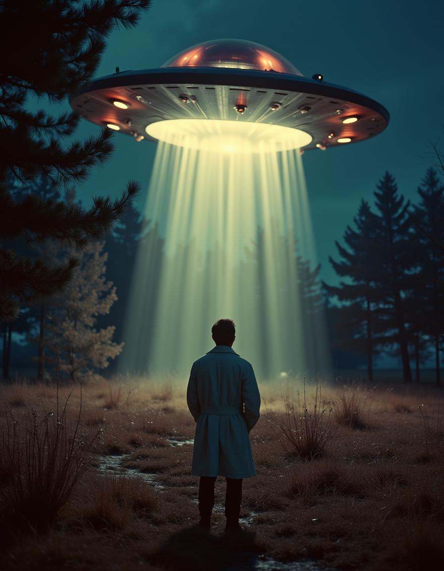Vintage Sci-fi .Standing in an open field at night,  a scientist in a lab coat stares up in awe as a glowing UFO slowly de...