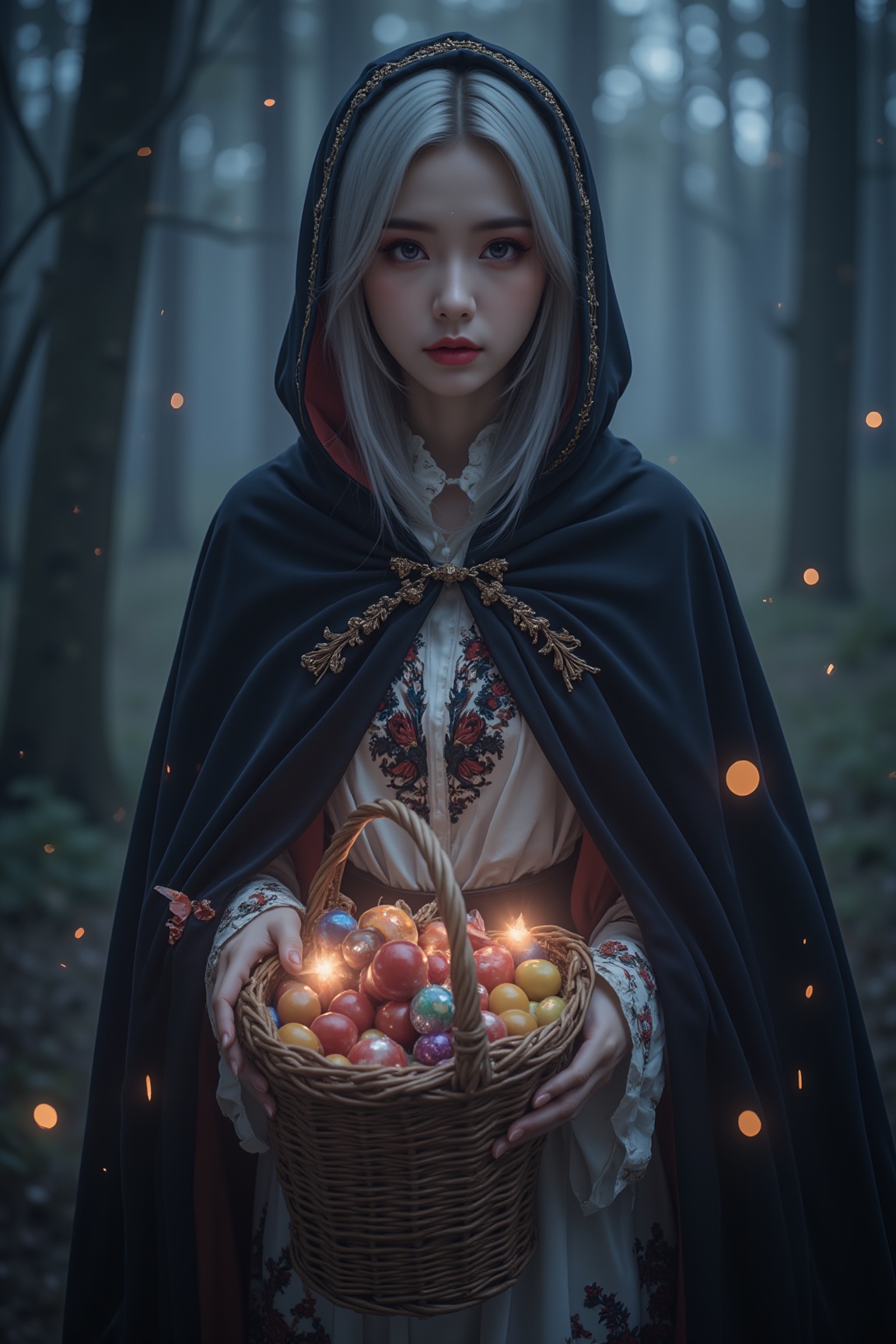 Halloween night, dark and empty silent forest, mysterious witch creating awe-inspiring illusions in the midst of chaos, upper body, silver hair, portrait, very detailed, most detailed, dynamic pose, head to waist, (covered with elaborately embroidered white tunic, velvety dark black velvet cloak: 1.4), hood, (medieval fantasy), facial expression illuminated by surroundings illuminated by a glowing magical basket filled with colorful candies and fruits, cinematic soft lighting, (fractal art: 1.3), (color sensibility: 1.4), most detailed, (nobility: 1.4), exquisite details. The subject's features are highly detailed and anatomically correct, and the vividly colored subject is set against a random natural background. Every texture, every single wrinkle and hair is rendered with painterly quality in 8K resolution, inviting the viewer into a dreamlike world.