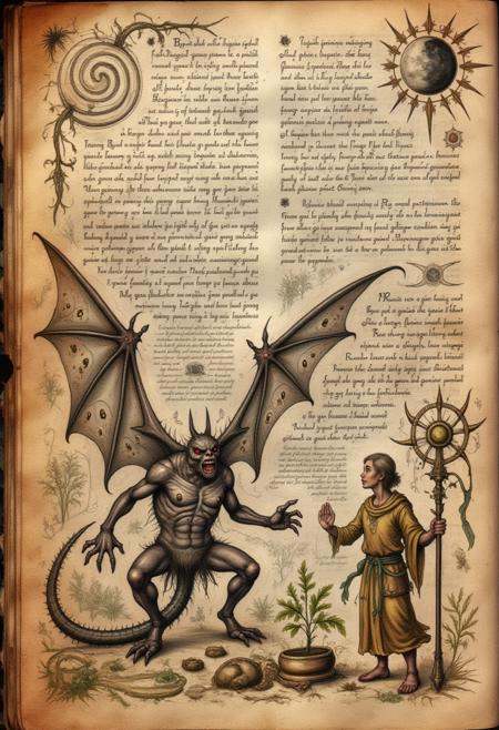 spllbkpg,  On a heavily aged and tattered page,  a monstrous creature with bat-like wings crouches on Tensor.Art