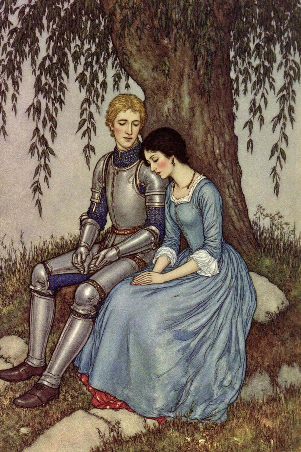 dulac1 illustration. A blonde knight and a lady sitting under a tree. The lady has dark hair and is wearing a blue dress....