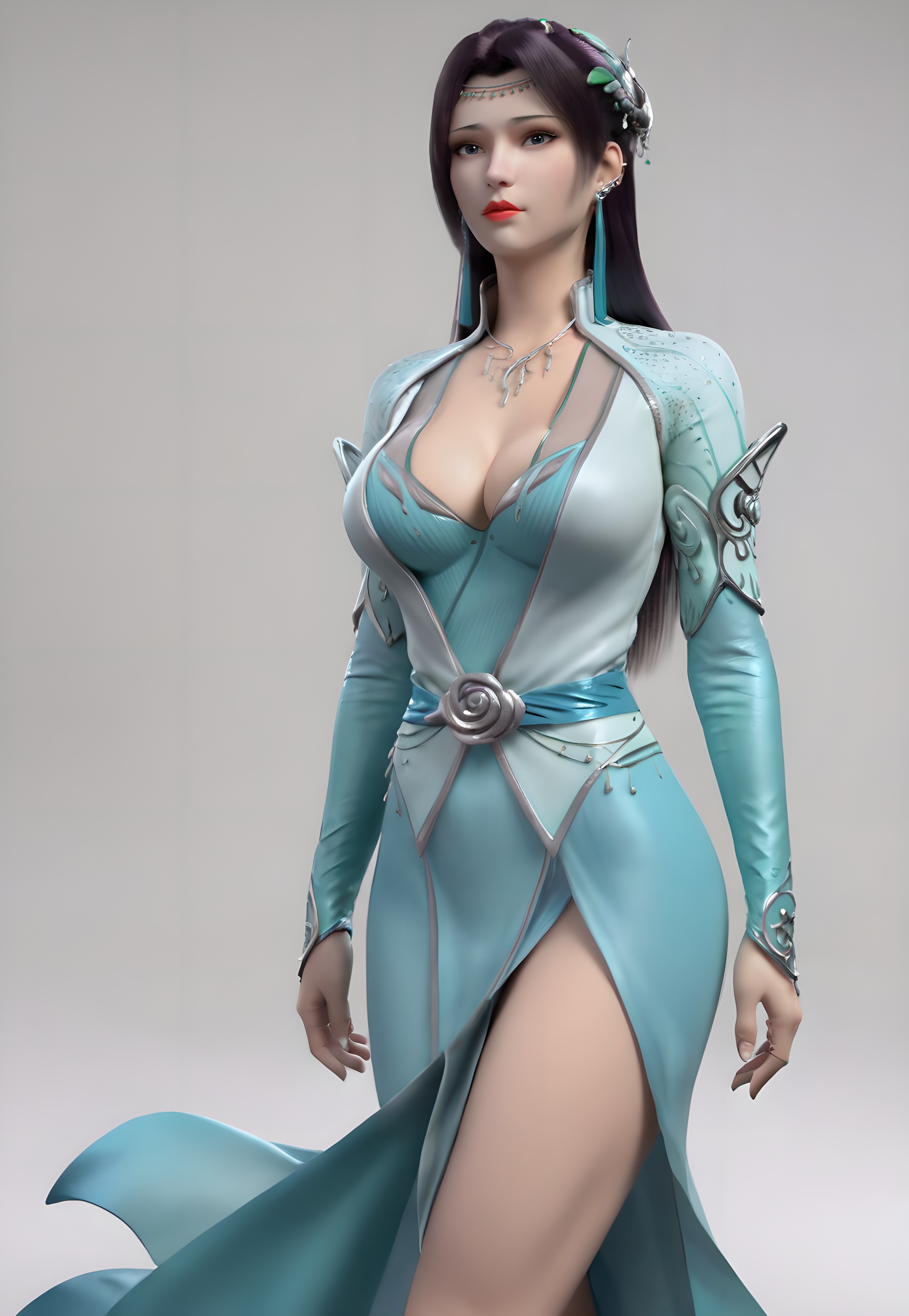 score_9,score_8_up,score_7_up,<lora:SF_YunYunGreenClothes_Pony-000004:0.7>,1girl,solo,standing,dress,breasts,large breasts,red lips,jewelry,hair ornament,earring,looking at viewer,white background,