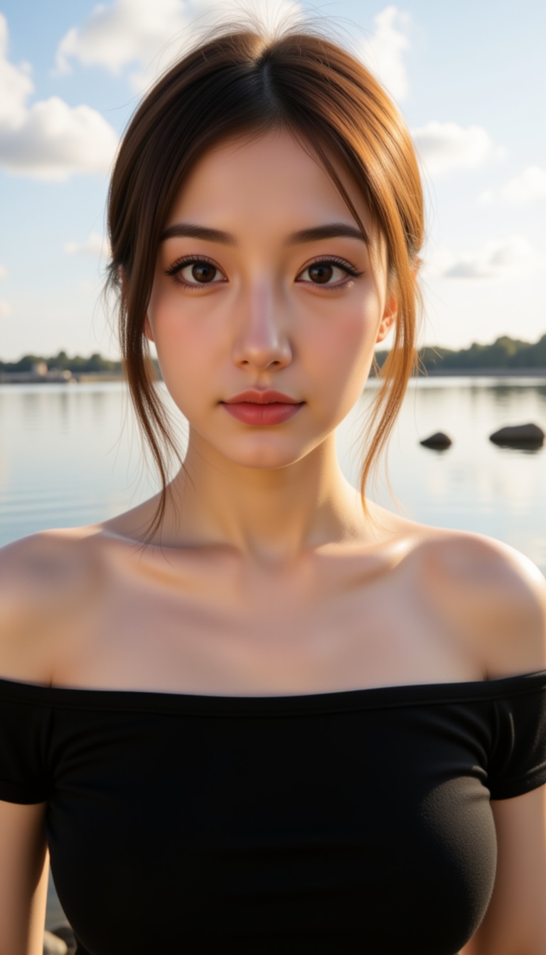 A young woman with fair skin and a slender physique stands by the edge of a body of water,  possibly a lake or sea,  durin...