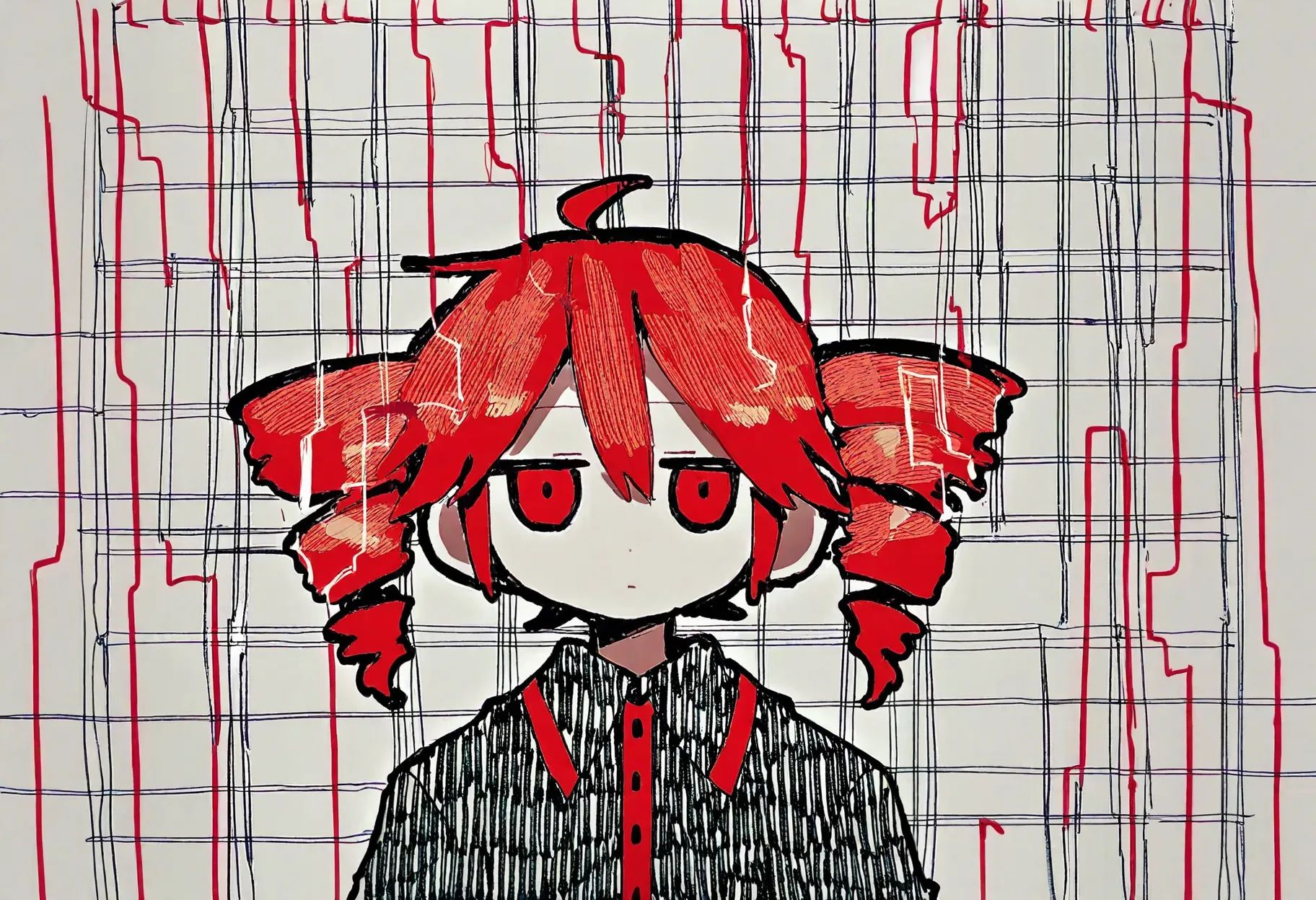 kasane teto, 1girl, straight-on, solo, twin drills, expressionless, red hair, drill hair, jitome, shirt, lyrics, red eyes, blank stare, ribbon, black shirt, grid lines, white background, closed mouth, collared shirt, abstract, deformed