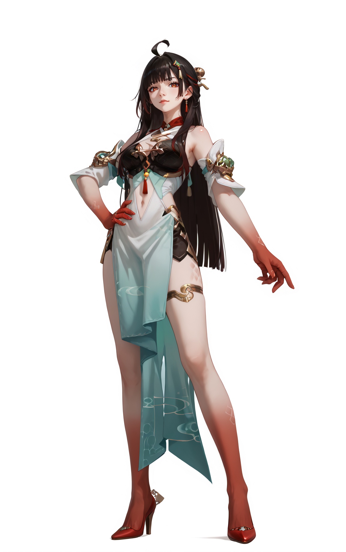 score_9, score_8_up, score_7_up, score_anime, 8k, best quality, masterpiece, (ultra-detailed), (high detailed skin), (by nanoless, by misumi \(macaroni\):0.5), <lora:YLI 0.1v:0.25>, <lora:style1:0.25>, <lora:lingsha-pony-Tanger-000018:0.8>, lingsha, default clothes, red hands, red feet, 1girl, long hair, black hair, breasts, ahoge, high heels, A full-body portrait of a young girl, standing gracefully, pastel art style, high-key lighting, shoujo manga influence, hd quality, delicate details, full body, full shot, standing, looking at viewer, (solo:1.2), simple background, white background, hand on own hip, 