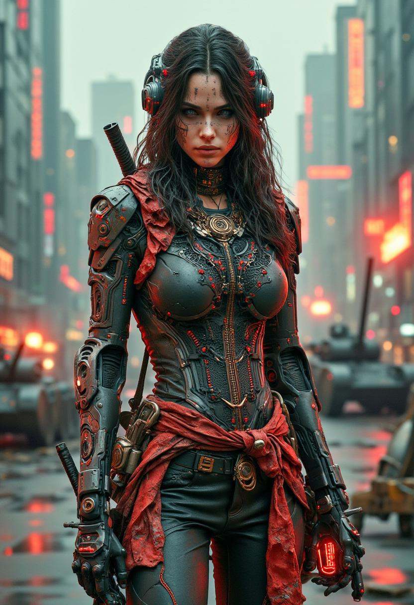 Cyberpunk realistic professional photo in recypu style.A panorama,  pretty woman in traditional Russian costume,  tattoed...