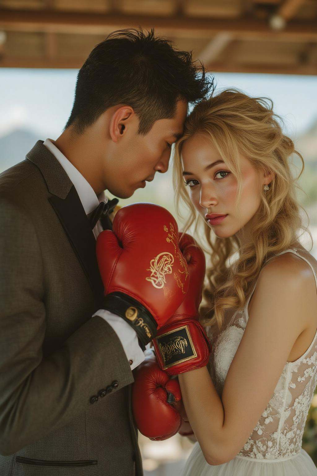 midjourney photograph. An Asian man and a blonde European woman boxing at a wedding. They are wearing red boxing glove on...