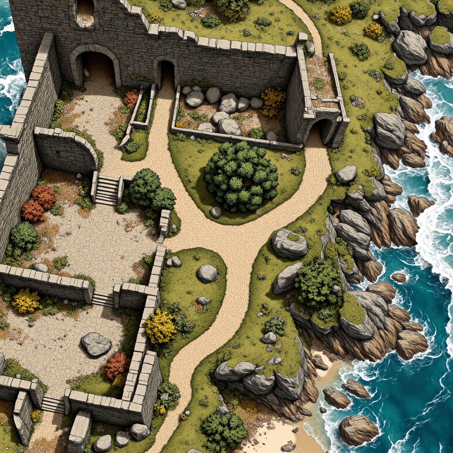 A top-down view of a crumbling stone fortress on a storm-battered cliffside,  with shattered battlements,  mossy paths on...