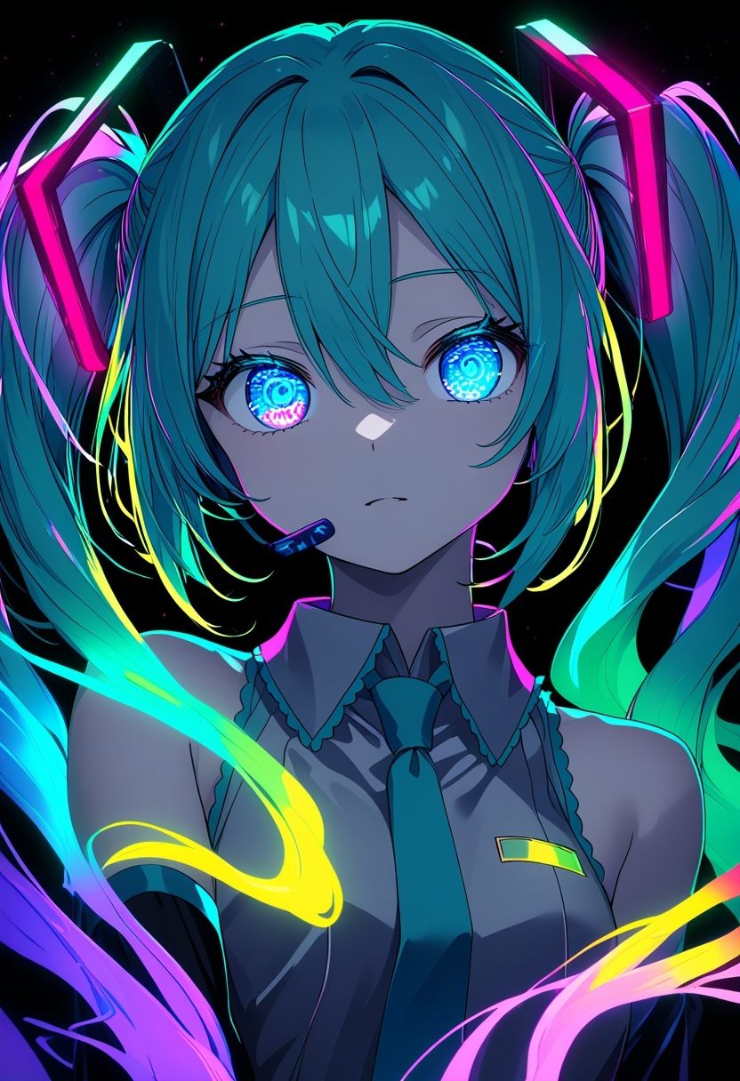 Hatsune Miku,  limited palette,  black background on Tensor.Art