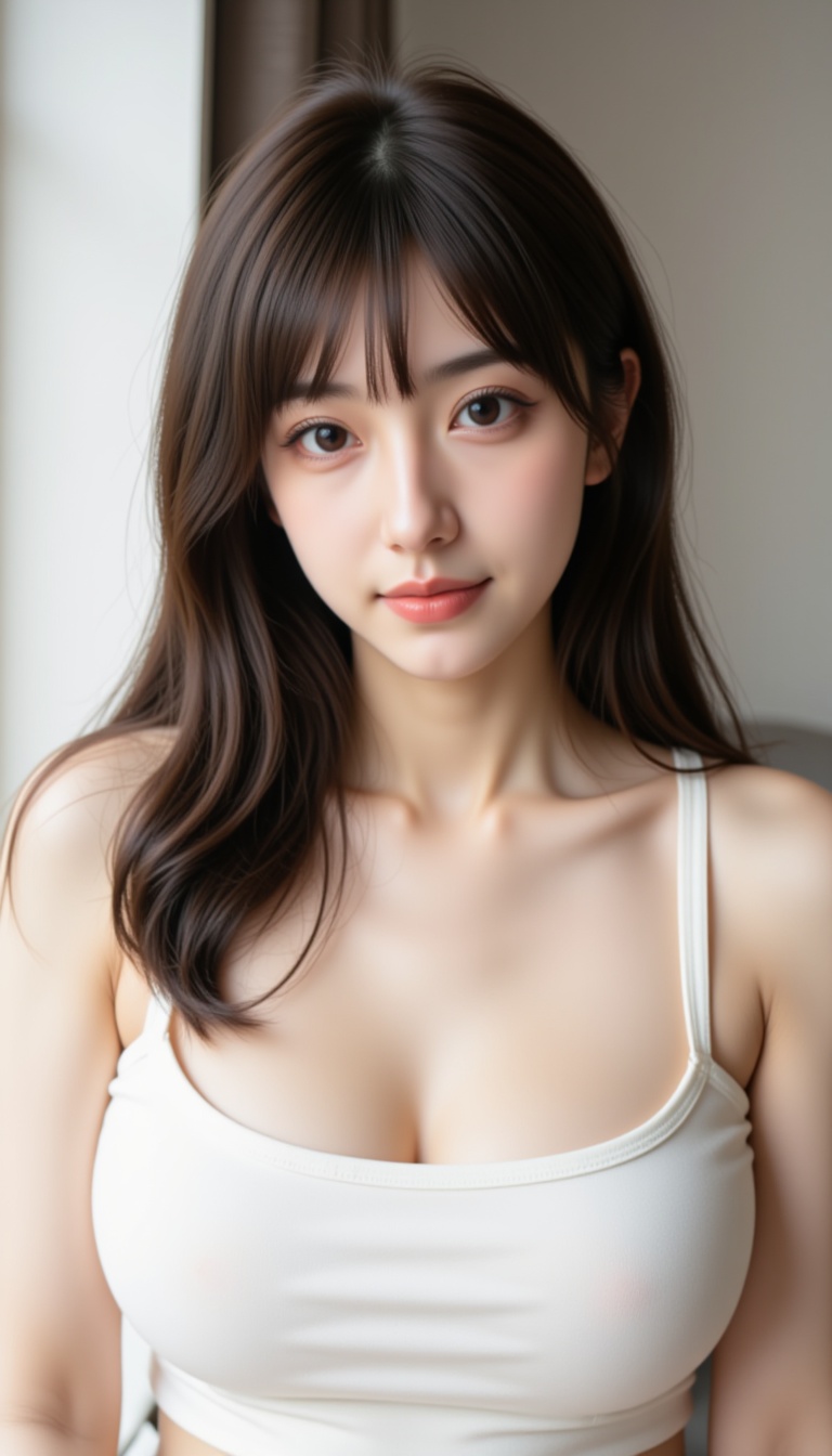 A high-quality photograph of a young woman with long,  straight black hair and fair skin,  sitting in a well-lit room with...