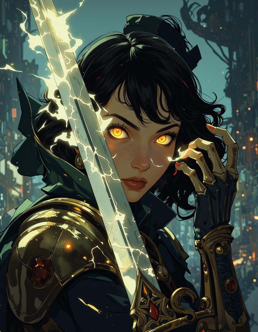 Anime art. This is a hyper-realistic cinematic photogrpah featuring a ghostly swordswoman,  her face partially illuminated...