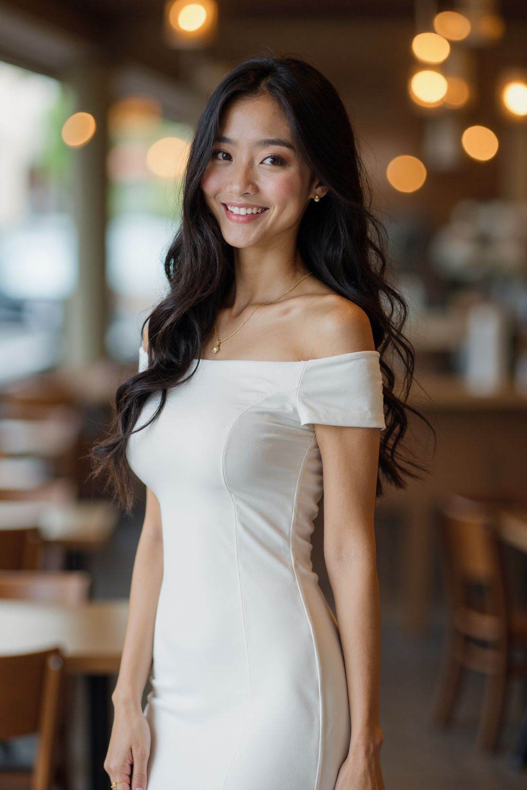 This is a beautiful photograph of a Asian woman,  black hair cascading over her shoulders. She is wearing a white boatneck...