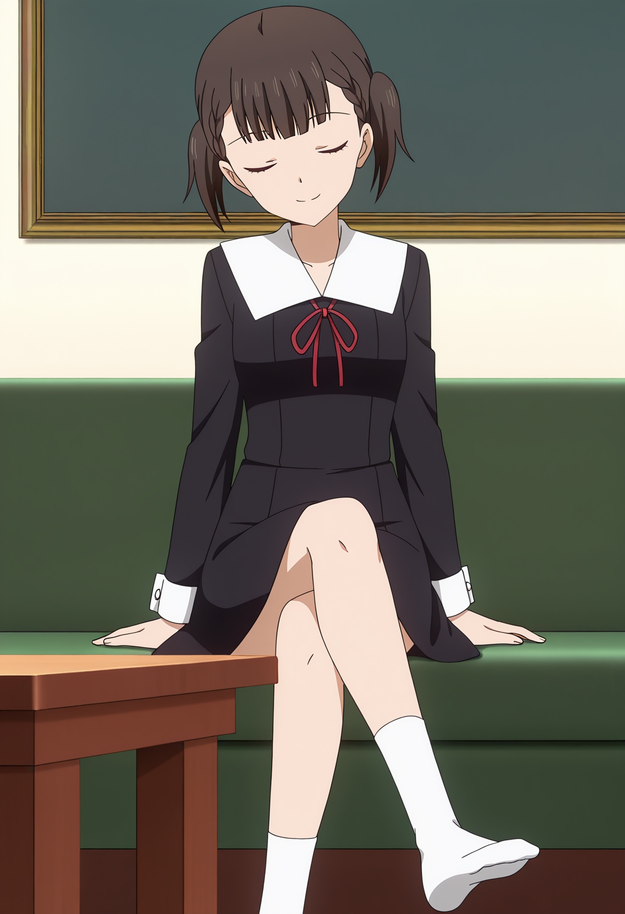 <lora:Shijiyou Maki_illustrious-000020:1>,1girl,solo,Shijiyou Maki,school uniform,couch,solo,closed eyes,socks,red ribbon,dress,white socks,sitting,ribbon,black dress,long sleeves,indoors,closed mouth,neck ribbon,crossed legs,on couch,table,smile,full body,anime screencap,
