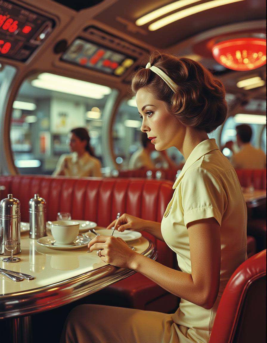 Vintage Sci-fi . a woman in a restaurant of a space ship on Tensor.Art