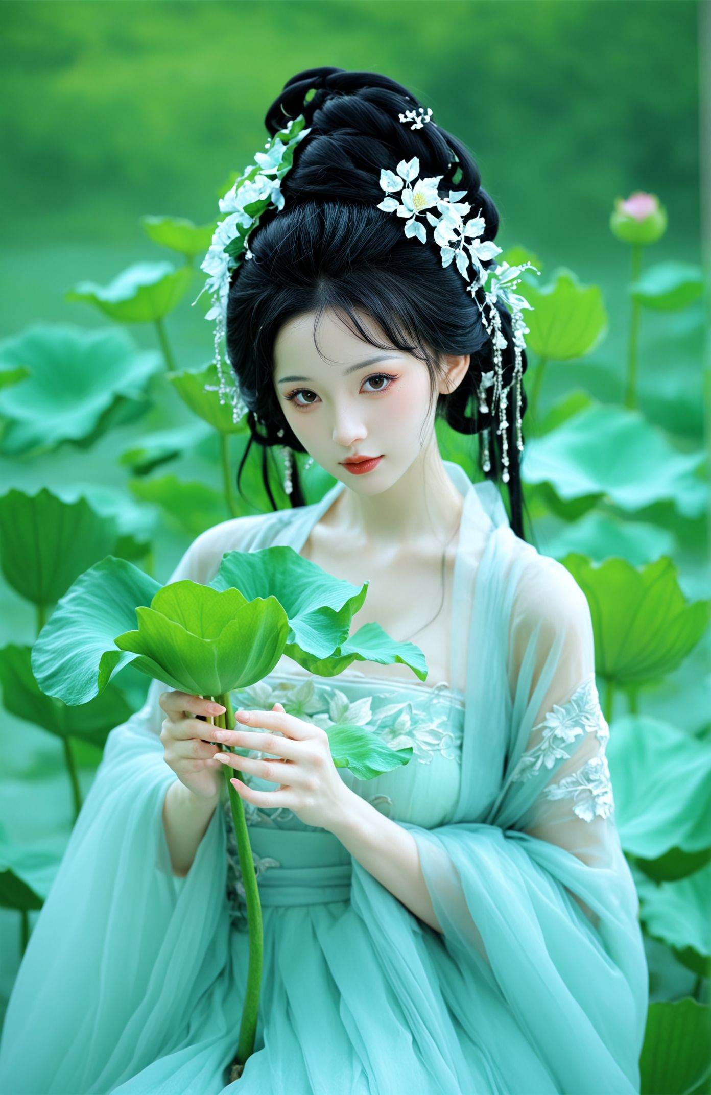 score_9,score_8_up,score_7_up,score_6,a traditional Chinese garment,is depicted in this image. The figure is adorned in a flowing robe with delicate floral patterns,symbolizing beauty and grace. A large,green lotus leaf is held gracefully over the shoulder,representing purity and enlightenment. The figure's hair is styled in an elegant updo,with classical accessories that echo the cultural richness of the attire. The overall aesthetic of the image is serene and evocative,capturing the essence of traditional Chinese aesthetics.,simple,(blurry background:1.1),blurry,(blurry foreground:1.1),,<lora:xiexinghanfu:0.8>