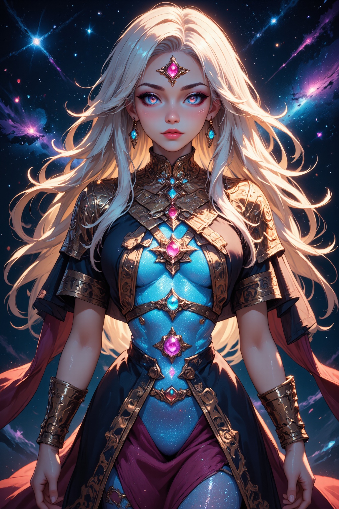 Gorgeous Galactic,  A hyper-realistic portrait of a galactic female with glowing skin that shimmers with the colors of the...