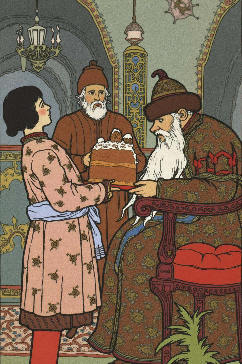 ivanbilibin1 illustration.A page boy is brining a richly decorate cake to a Russian king sitting on his throne. They are w...