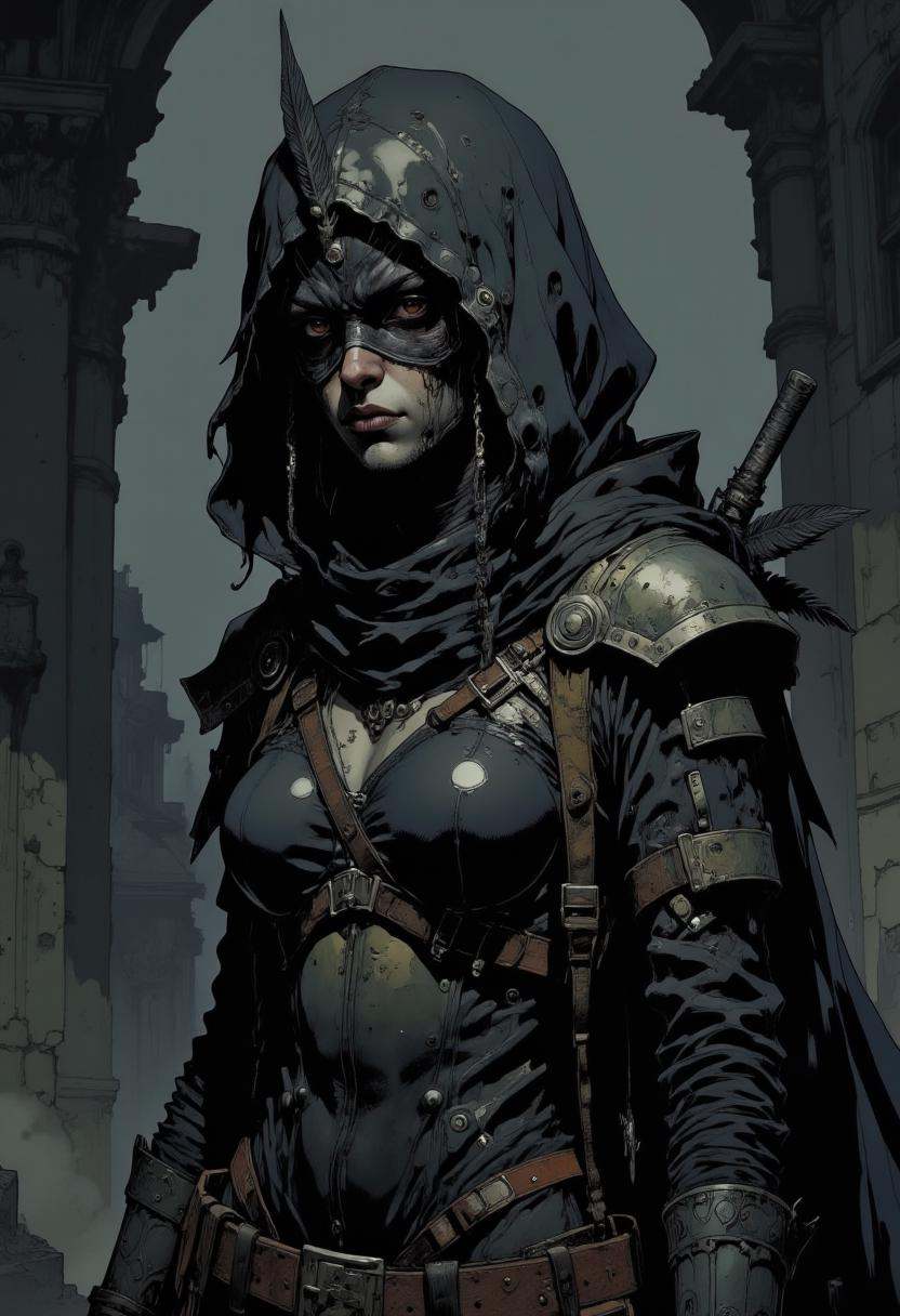 A portrait of a woman hunter dressed in a dark and ominous outfit. The person is wearing a black hooded cloak with a hood...