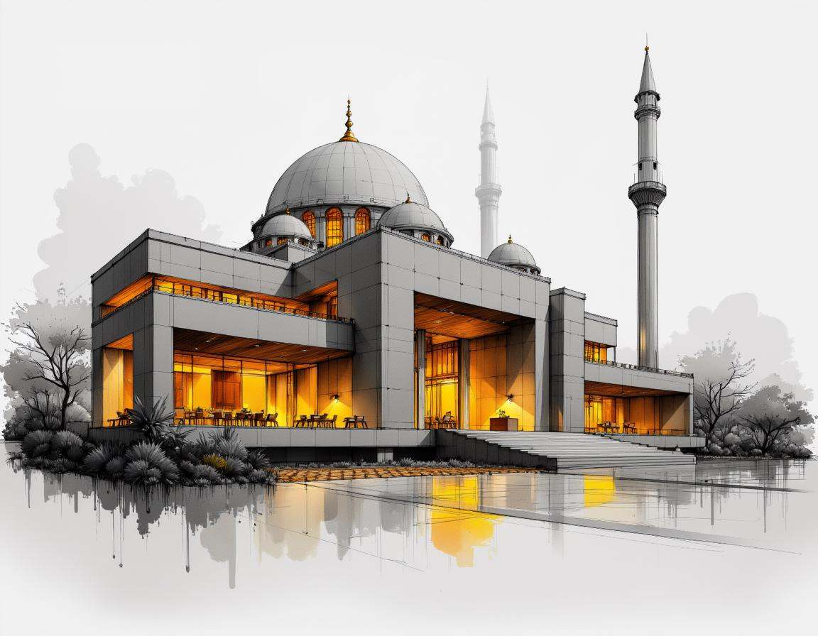 An artistic architectural sketch of a mosque. Masterpiece,  best quality.the site is lit by lighting professionals,  illum...