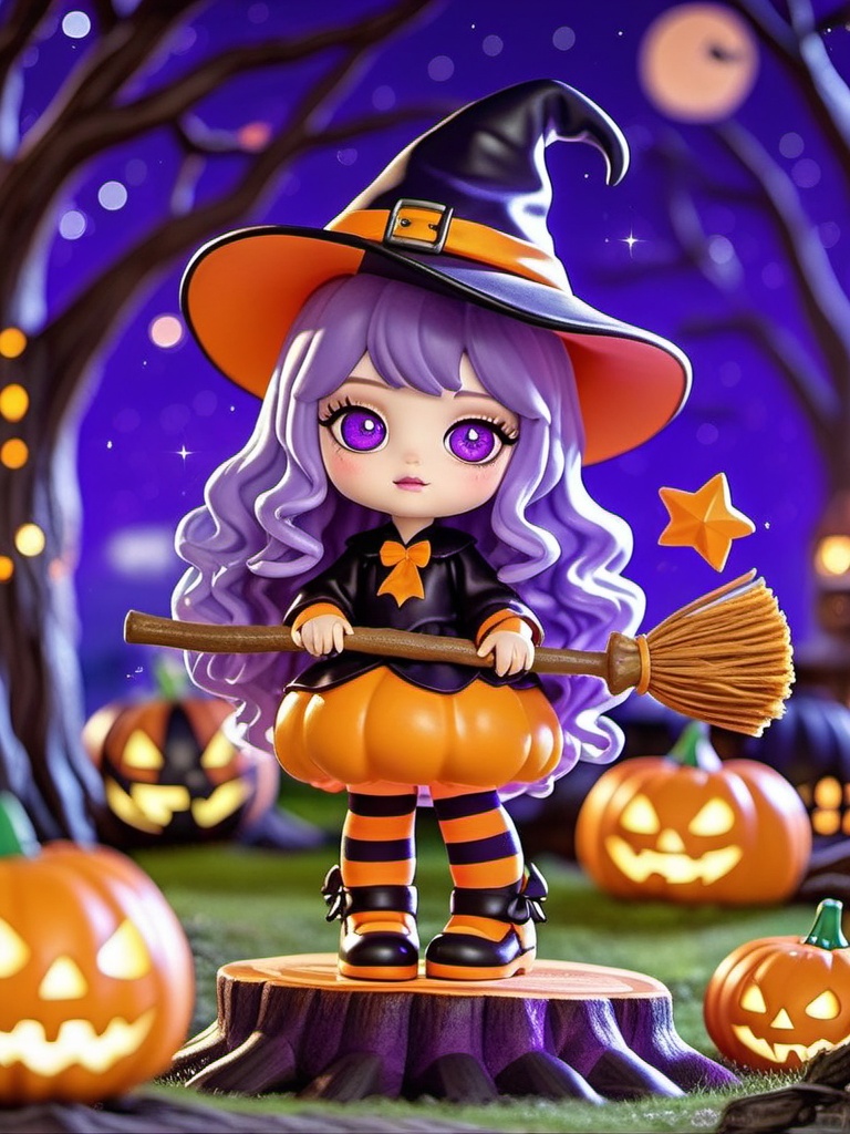manghe,c4d,A cute,anime-style witch figurine with long,wavy purple hair and big,expressive purple eyes. She's rocking a classic black and orange witch outfit,complete with a pointy hat and a broomstick. Her outfit features a puffy orange skirt and striped stockings. She's chilling on a tree stump with carved pumpkins all around,set against a spooky Halloween backdrop with creepy trees and a starry night sky. The scene is vibrant and whimsical,with a playful and festive vibe.,,<lora:manghe_v1-000010:0.8>