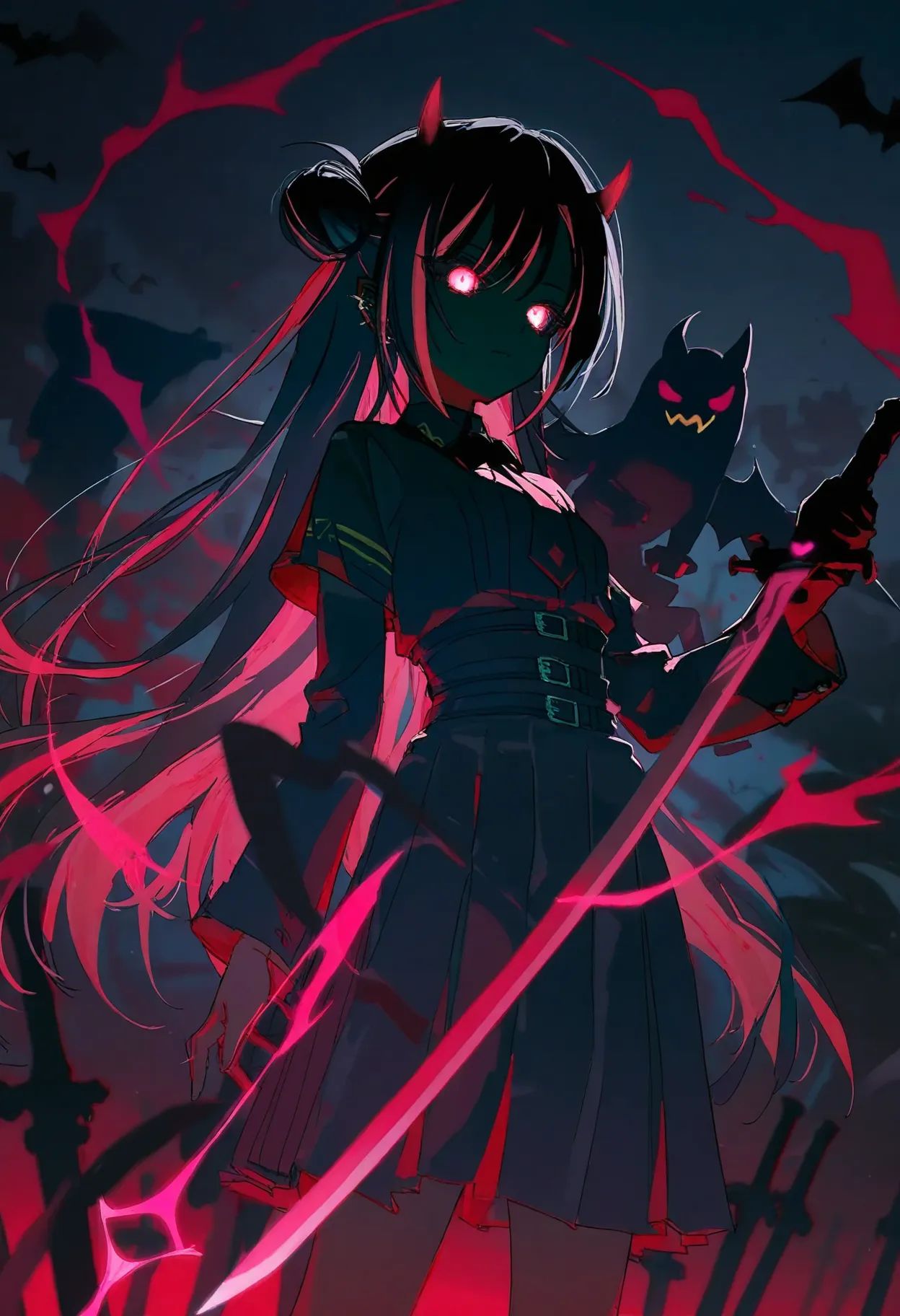 1girl,[artist:WANKE|artist:free_style |[artist:ningen_mame]|ciloranko],tokoyami towa,mesugaki,devil,sensitive,dark theme,glowing eyes,silhouette,sword