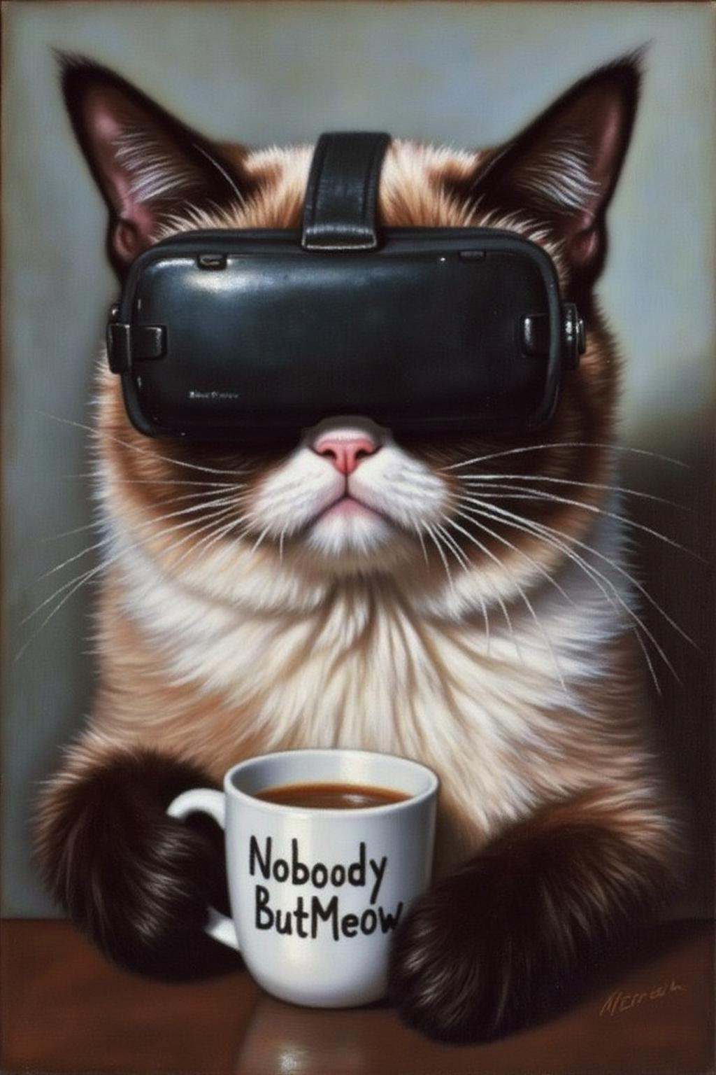 chenyifei2 painting. Grumpy Cat holding a coffee mug,  wearing a VR Headset. The mug has the phrase "NobodyButMeow" printe...