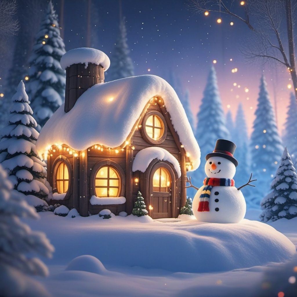 shengdan,A whimsical,snow-covered cottage with a cozy,glowing window and a tiny,snowman buddy sporting a black top hat and a striped scarf. The cottage is decked out with festive lights,nestled among snow-laden pine trees in a magical winter wonderland. The snowman's face is all smiles,and the scene is bathed in a soft,magical glow,creating a warm,inviting vibe against the wintry backdrop.,,<lora:shengdan_v1-000016:0.8>