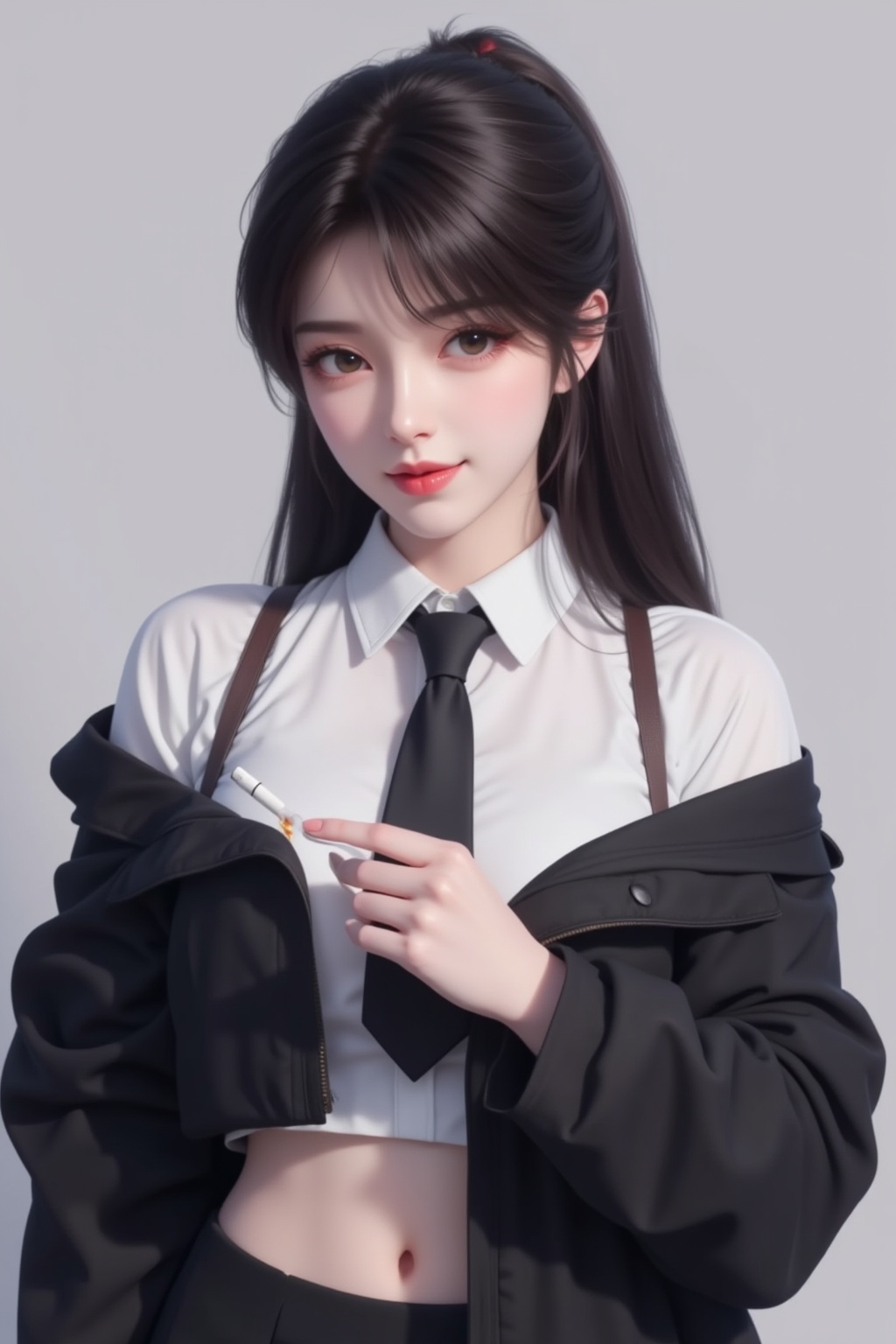 1girl,solo,necktie,crop top,cigarette,black necktie,smile,jacket,shirt,looking at viewer,midriff,black hair,long hair,white shirt,black jacket,ponytail,brown hair,brown eyes,off shoulder,grey background,collared shirt,upper body,holding cigarette,lips,holding,