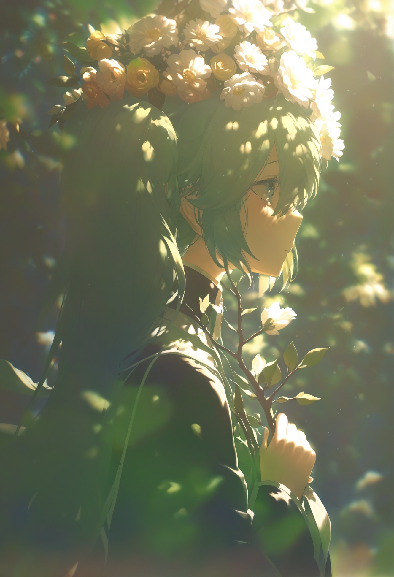 masterpiece,best quality, score_9,score_8,score_7_up,score_6_up,solo, 1girl, long hair, flower, hatsune miku, dappled sunlight, blurry <lora:konyakarasueXLlokr4f-000140:0.95>