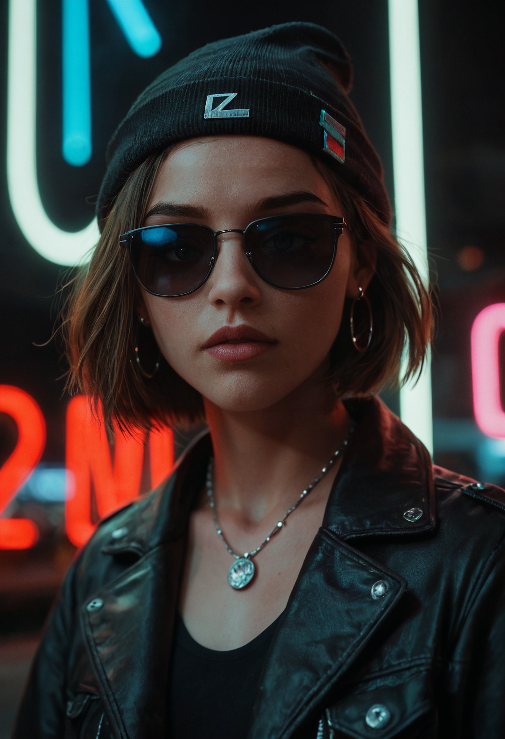 score_9, score_8_up, score_7_up, face close up, alternative girl, watching over black sunglasses, jacket, necklace, neon light reflections on skin, ear ring, makeup, skin imperfection, short hair, beanie, neon lights background, low light, depth of field, highly detailed, high contrast, film grain, Rim Lighting, Long Exposure, DSLR
