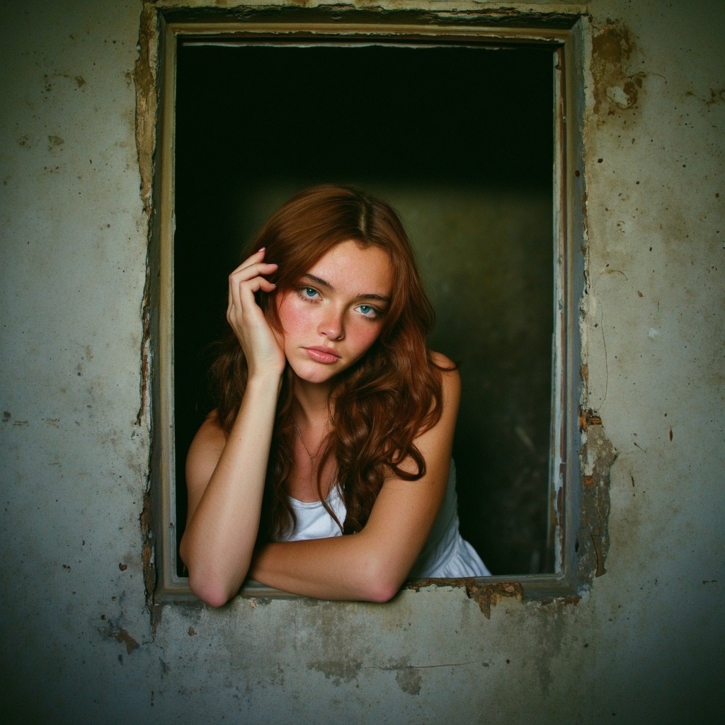 A moody, atmospheric portrait of sydney_melman captured in a dimly lit, rustic setting. The woman's face is partially hidden by a window frame, her long, wavy hair cascading down her shoulders. Her intense gaze is directed away from the camera, and her hand gently touches her face. The background is a weathered wall with visible cracks and peeling paint. The color palette is dominated by earthy tones; the woman's hair is a vibrant red, contrasting with the muted grays and browns of the surroundings. The image evokes a sense of mystery and introspection.