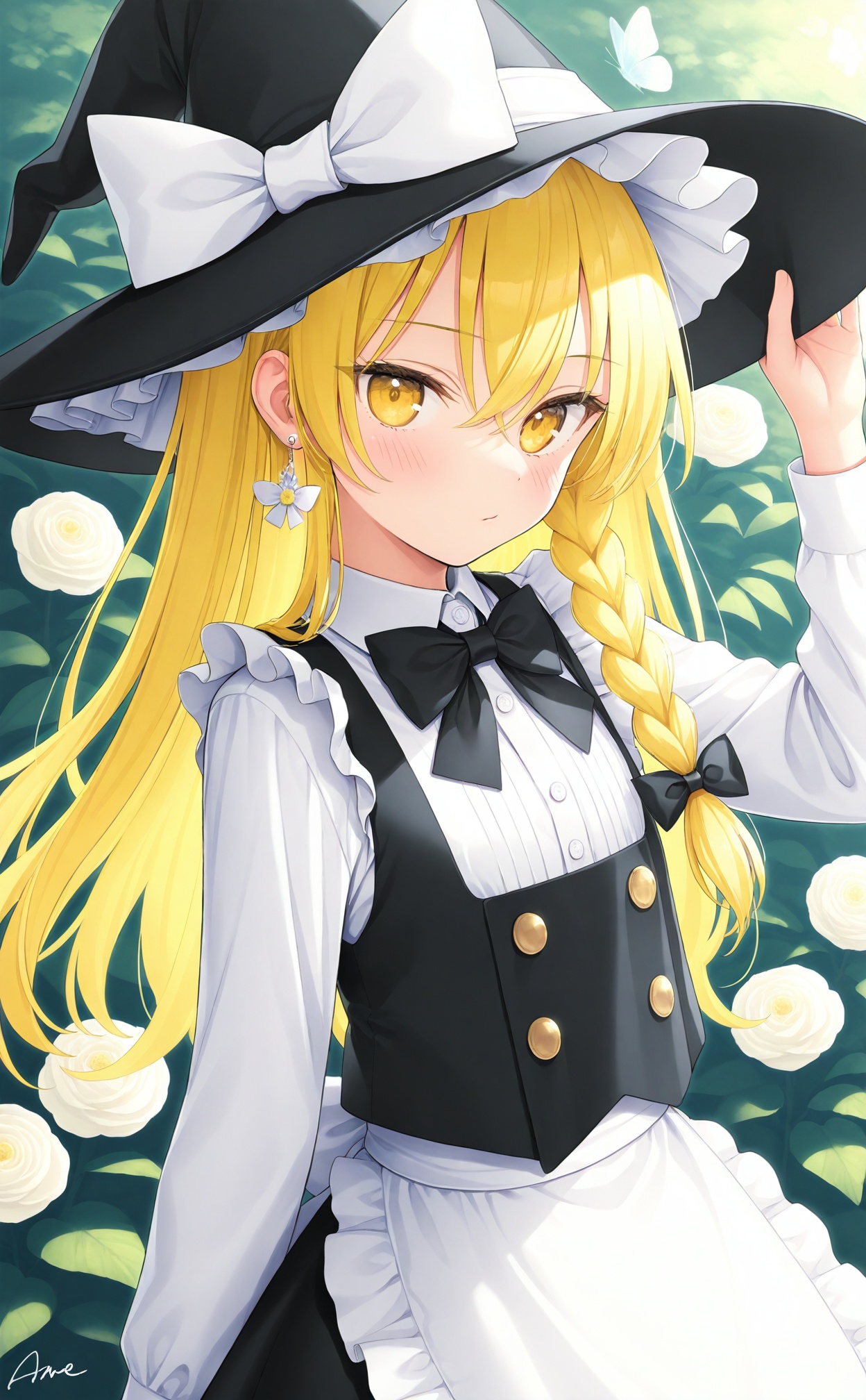 masterpiece,best quality,high quality,loli,Artist ame929,1girl,hat,kirisame marisa,blonde hair,solo,yellow eyes,bug,witch hat,butterfly,long hair,braid,bow,flower,apron,black headwear,single braid,long sleeves,hair ornament,earrings,jewelry,white bow,hair flower,shirt,white shirt,closed mouth,hair between eyes,waist apron,white apron,black bow,white flower,hat bow,black skirt,blush,bowtie,skirt,black bowtie,looking at viewer,rose,hair bow,vest,black vest,frills,signature,buttons,hand on headwear,