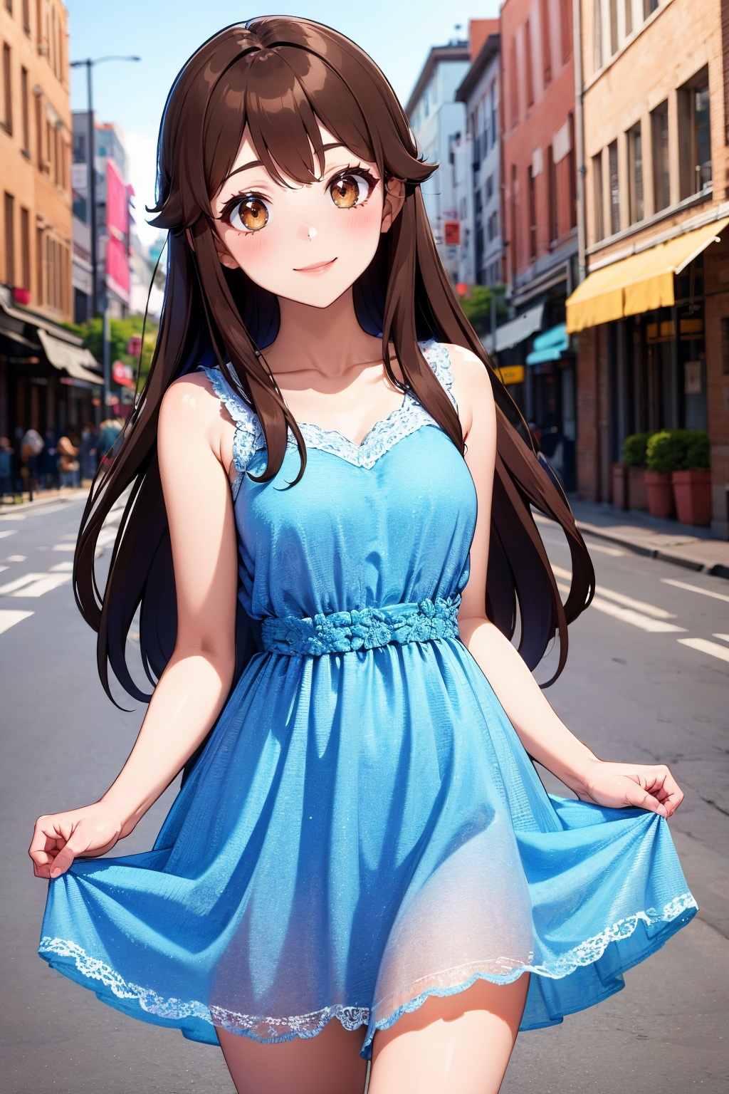 1girl, solo, outdoors, dress, long hair, smile, looking at viewer, blue dress, blush, brown eyes, 